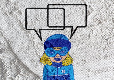 İnsanların düşünme insanlar konuşmak ve konuşma balonu çimento duvar 