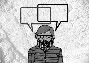 İnsanların düşünme insanlar konuşmak ve konuşma balonu çimento duvar 