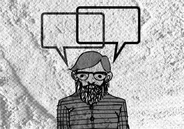 İnsanların düşünme insanlar konuşmak ve konuşma balonu çimento duvar 