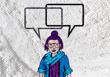 İnsanların düşünme insanlar konuşmak ve konuşma balonu çimento duvar 