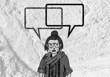 İnsanların düşünme insanlar konuşmak ve konuşma balonu çimento duvar 