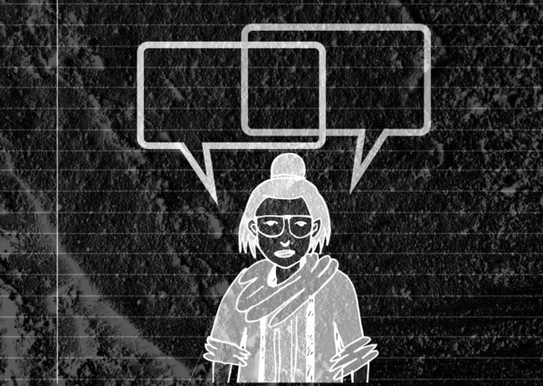 İnsanların düşünme insanlar konuşmak ve konuşma balonu çimento duvar 