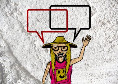 İnsanların düşünme insanlar konuşmak ve konuşma balonu çimento duvar 