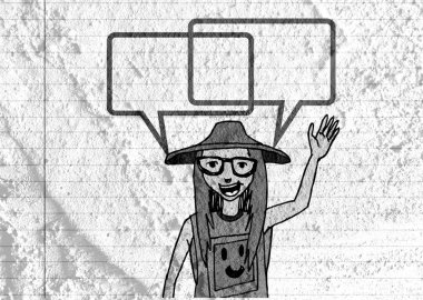 İnsanların düşünme insanlar konuşmak ve konuşma balonu çimento duvar 