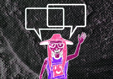 İnsanların düşünme insanlar konuşmak ve konuşma balonu çimento duvar 