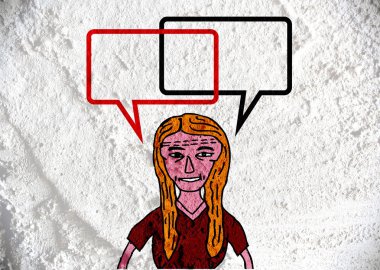 İnsanların düşünme insanlar konuşmak ve konuşma balonu çimento duvar 