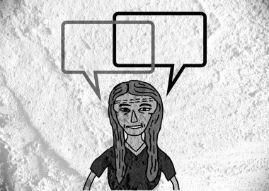 İnsanların düşünme insanlar konuşmak ve konuşma balonu çimento duvar 