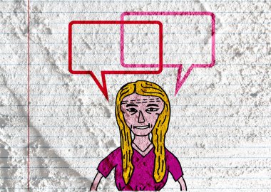 İnsanların düşünme insanlar konuşmak ve konuşma balonu çimento duvar 