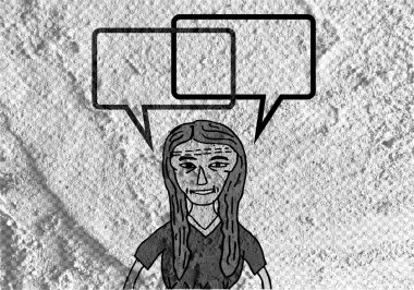 İnsanların düşünme insanlar konuşmak ve konuşma balonu çimento duvar 