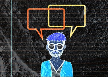 İnsanların düşünme insanlar konuşmak ve konuşma balonu çimento duvar 