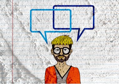 İnsanların düşünme insanlar konuşmak ve konuşma balonu çimento duvar 