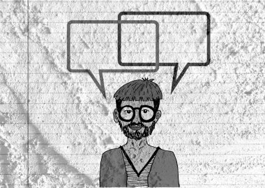 İnsanların düşünme insanlar konuşmak ve konuşma balonu çimento duvar 