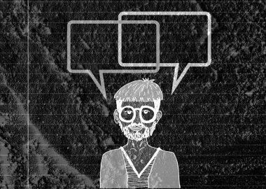 İnsanların düşünme insanlar konuşmak ve konuşma balonu çimento duvar 