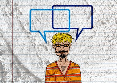 İnsanların düşünme insanlar konuşmak ve konuşma balonu çimento duvar 