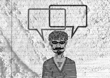 İnsanların düşünme insanlar konuşmak ve konuşma balonu çimento duvar 