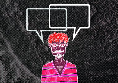 İnsanların düşünme insanlar konuşmak ve konuşma balonu çimento duvar 