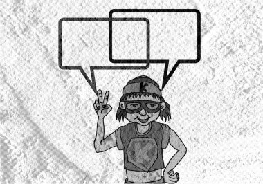 İnsanların düşünme insanlar konuşmak ve konuşma balonu çimento duvar 