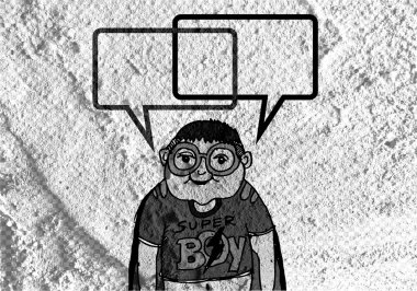 İnsanların düşünme insanlar konuşmak ve konuşma balonu çimento duvar 