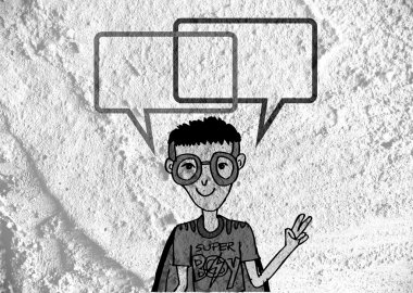 İnsanların düşünme insanlar konuşmak ve konuşma balonu çimento duvar 