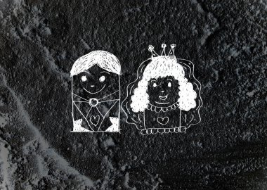 Çizgi film el çekilmiş düğün çift kartı