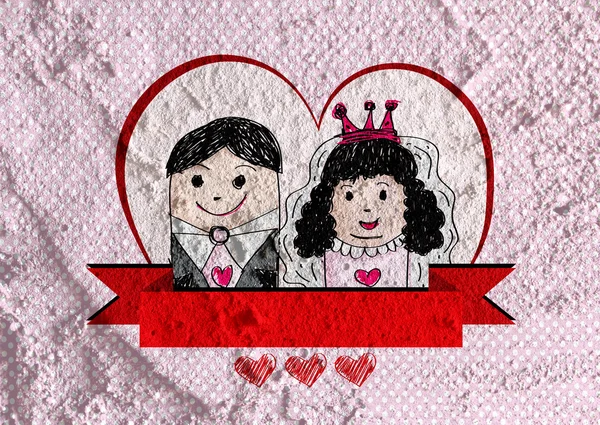 Caricatura dibujado a mano boda pareja tarjeta — Foto de Stock