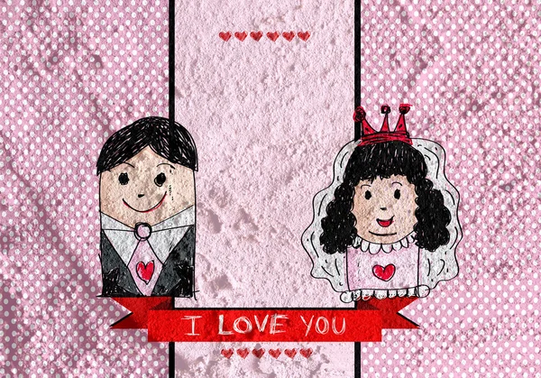 만화 손으로 그린된 웨딩 커플 카드 — 스톡 사진