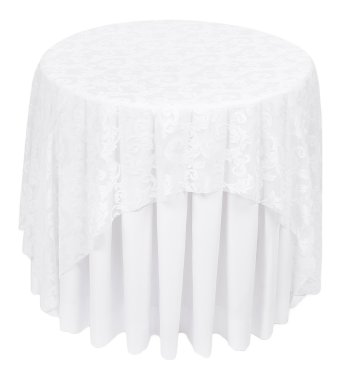 Beyaz masa örtüsü ile yuvarlak yemek masası. Beyaz izole