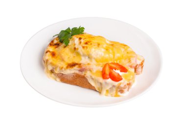 Bir plaka üzerinde peynir ile sıcak sandviç. Beyaz izole.