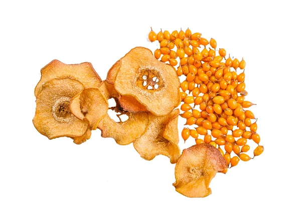 Trockenfrüchte Und Sanddornbeeren Isoliert Auf Weißem Rücken — Stockfoto