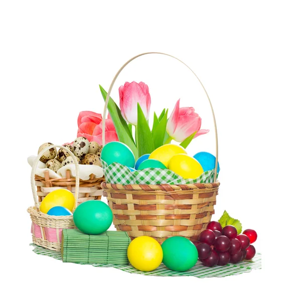 Bouquet of tulips and Easter basket — Stock Photo, Image