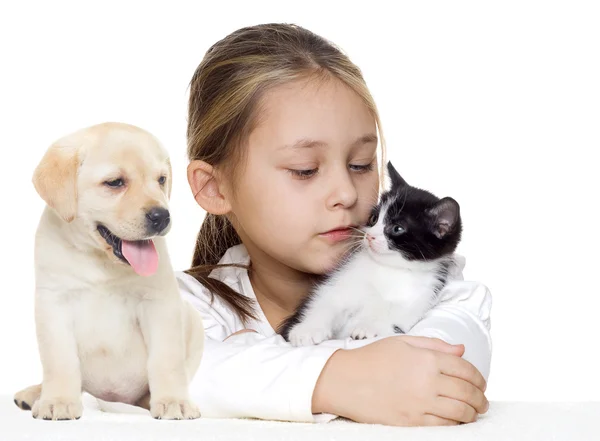 Klein meisje en kitten en hond — Stockfoto