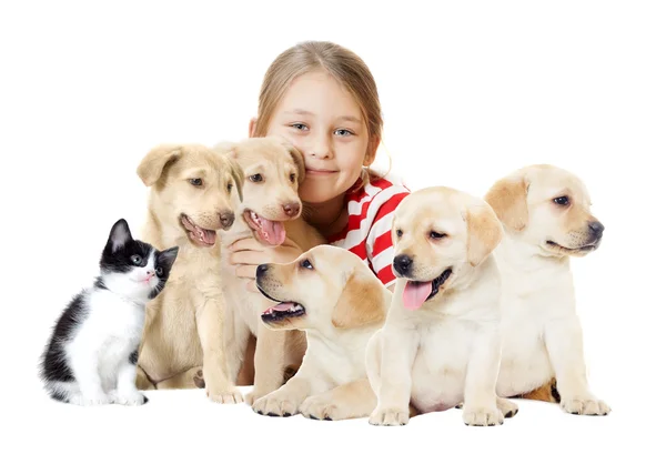 Menina e animais de estimação — Fotografia de Stock