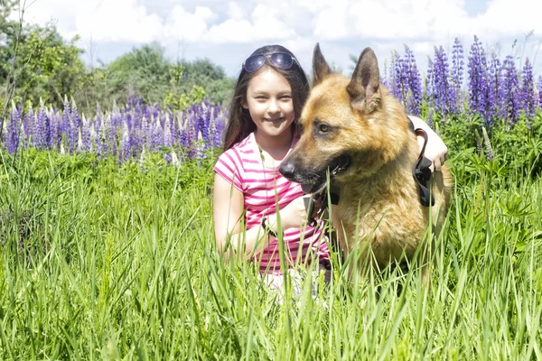 Mädchen umarmt einen Hund — Stockfoto