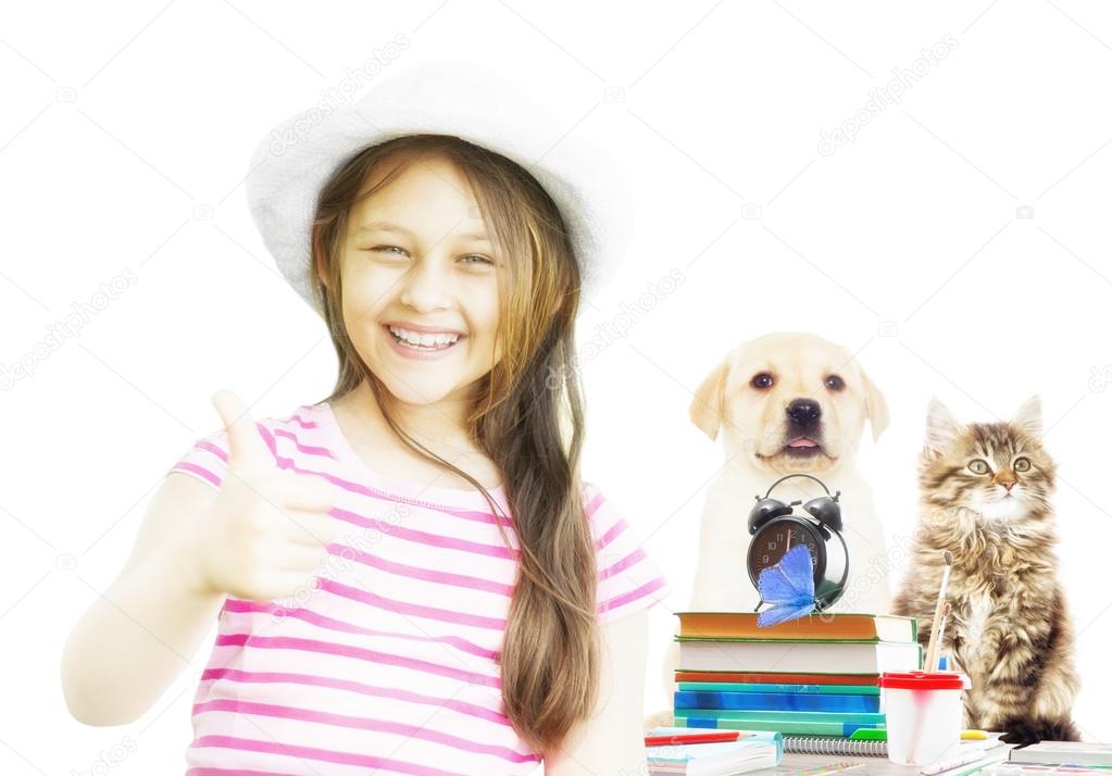 girl, cat, dog with books and alarm clock