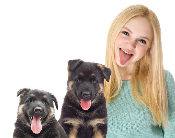 Beautiful blonde girl and dogs — Stock Photo, Image