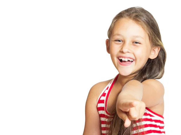 Маленька дівчинка вказує на індексний палець — стокове фото