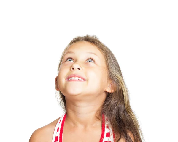 Niño mirando hacia arriba sobre fondo blanco — Foto de Stock