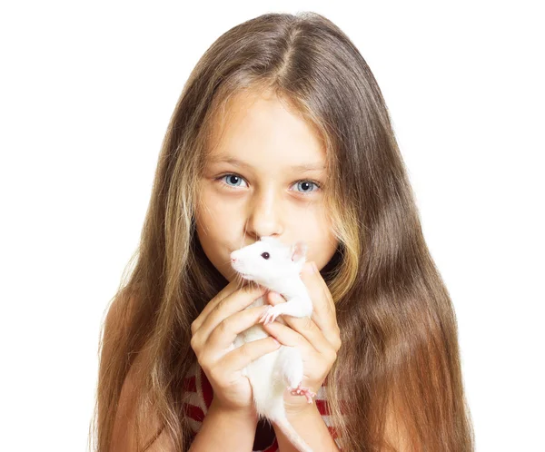 Kid holding a pet rat — Stock Photo, Image