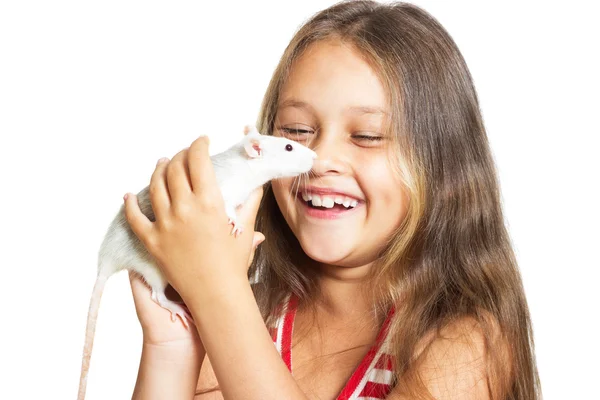 Laughing little girl holding a pet rat — Stock Photo, Image