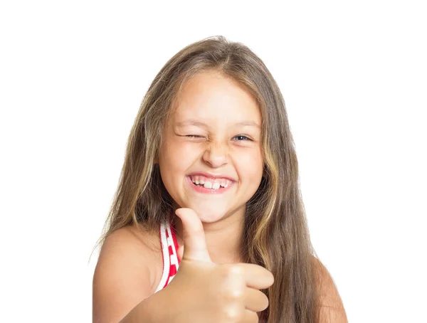 Rir menina mostrar o polegar no fundo branco — Fotografia de Stock