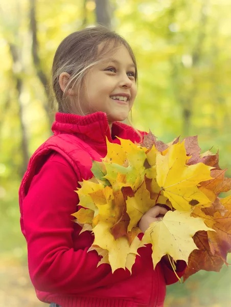 Meisje en een boeket van Herfstbladeren — Stockfoto