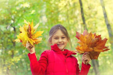 Sarı akçaağaç iki demetleri ile küçük kızı bırakır 