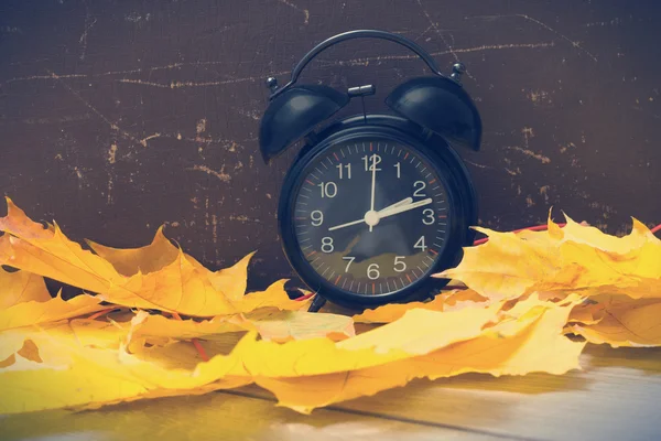 Old alarm clock and maple leaves — Stock Photo, Image