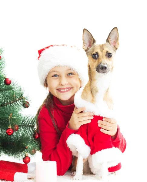 Niña en un traje de Año Nuevo abrazando a su perro en una espalda blanca — Foto de Stock