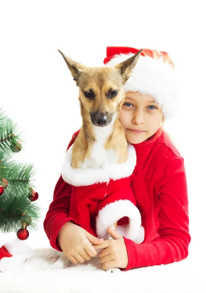 Niña y perro en traje de Navidad sobre fondo blanco — Foto de Stock