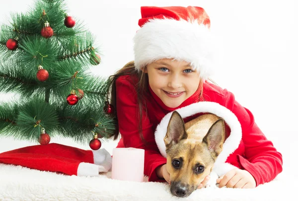 Muito bonito menina com um cão vestido com trajes de Natal — Fotografia de Stock
