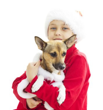 köpeğini tutan Noel şapkalı güzel küçük kız