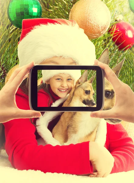 Liten flicka i Christmas kläder håller hans hund och photographe — Stockfoto