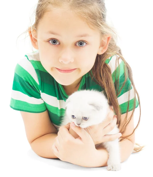 Little girl and kitten on a white background isolated Stock Image