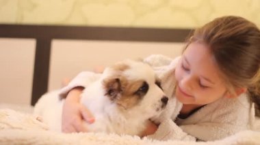 Bir köpekle oynayan çocuk